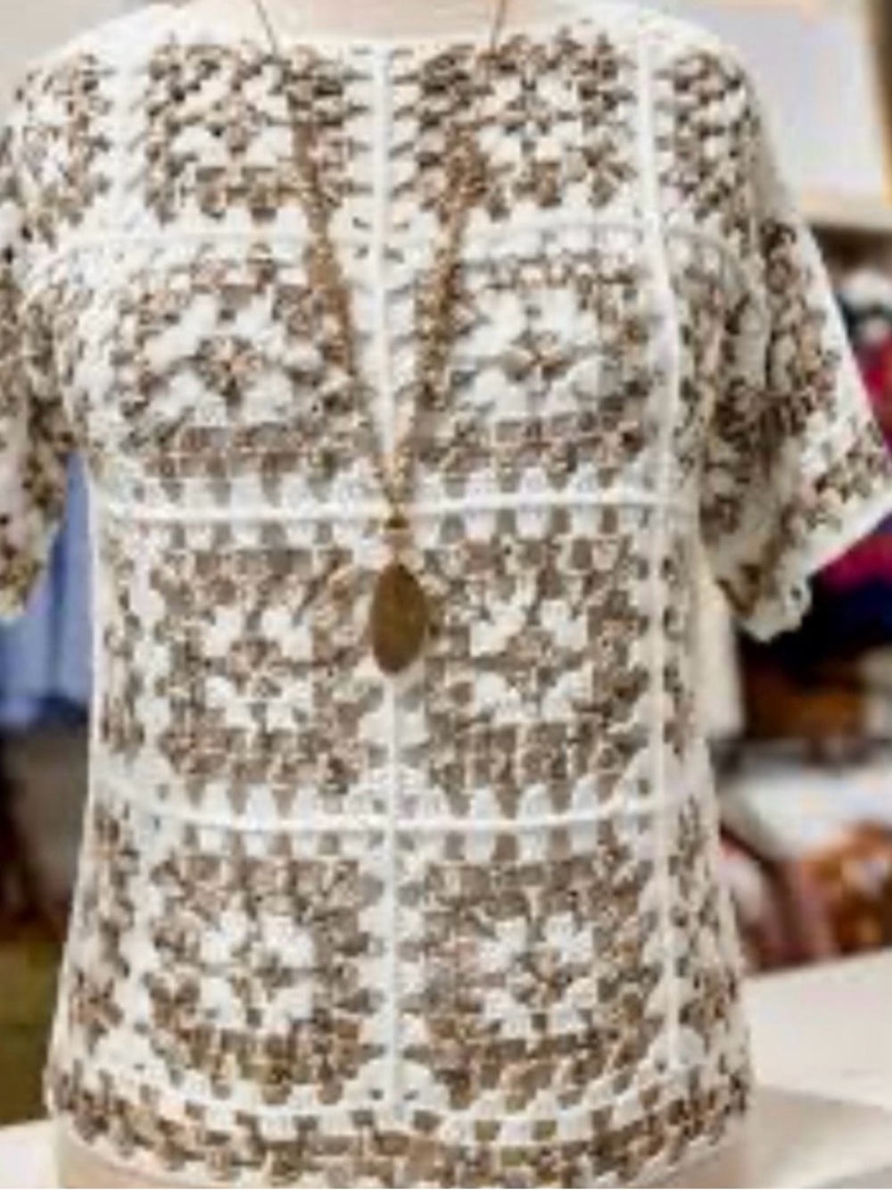 NWT Davi & Dani Crochet Short Sleeve Sweater/Top- White & Beige